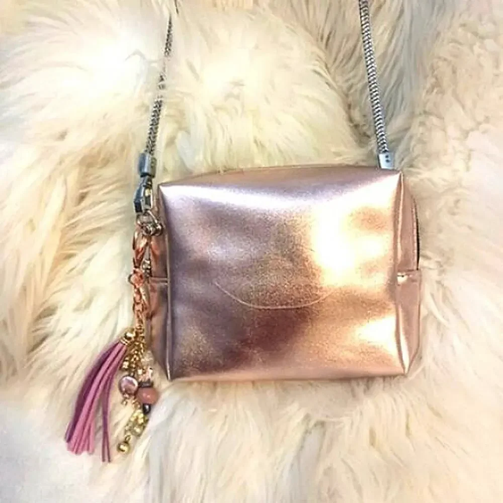 Yves Saint‎ Laurent PINK Metallic Cosmetic Bag Crossbody Converted Pearls Tassle